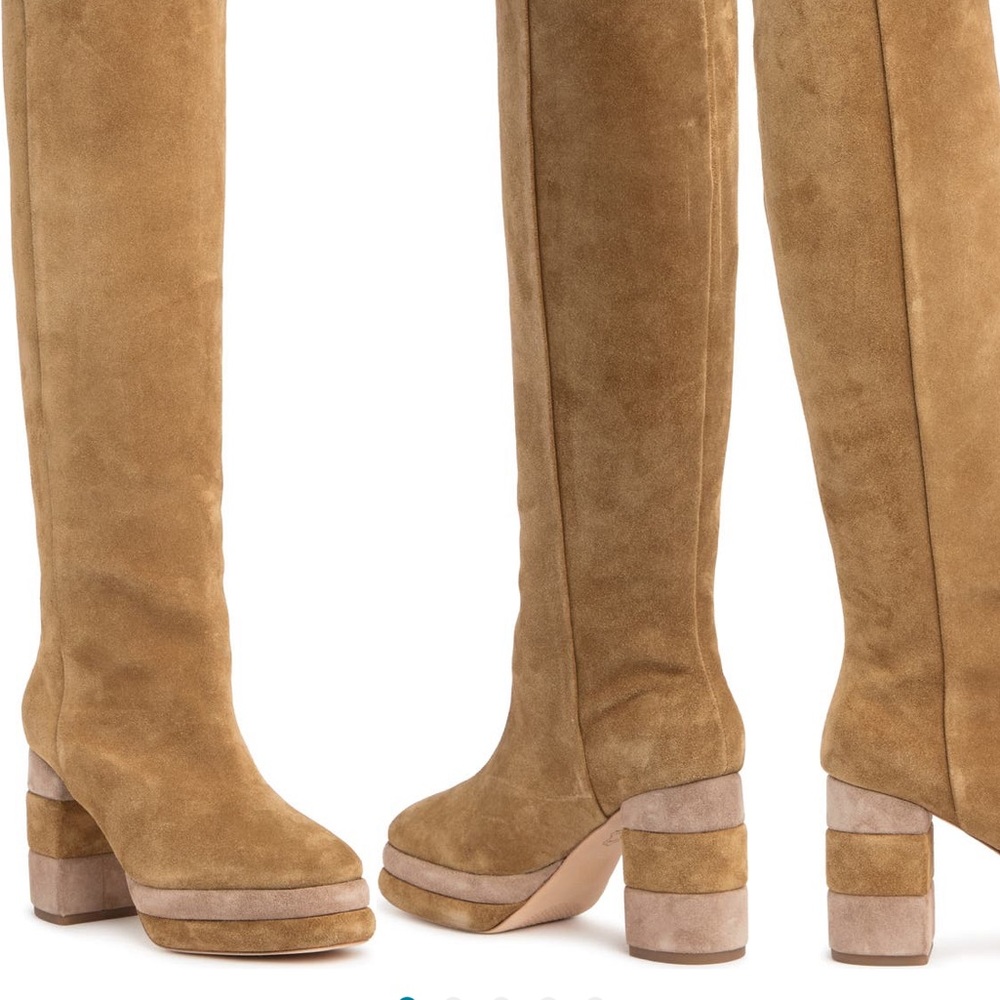Tory Burch Colorblock Tall Suede Block Heel Boot
 
CAMEL, Size 8 M